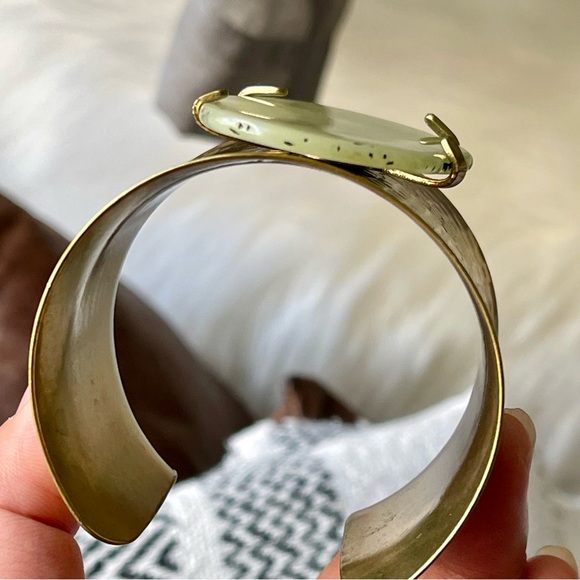 Hammered Brass Cuff Bracelet Adorned with Acrylic Pale Green Stone - Picture 8 of 16